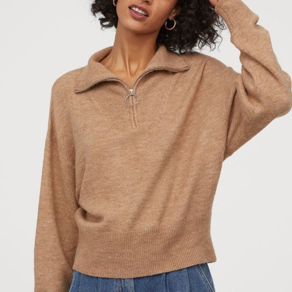 Beige High Collar round zipper pull Knit Sweater